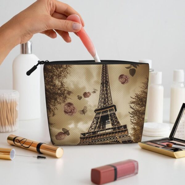 Linen Makeup Bag For Women, Waterproof Travel Cosmetic Organizer Lightweight Zipper Travel Toiletry Bag Organizer Paris Eiffel Tower Makeup Brushes Storage Bag