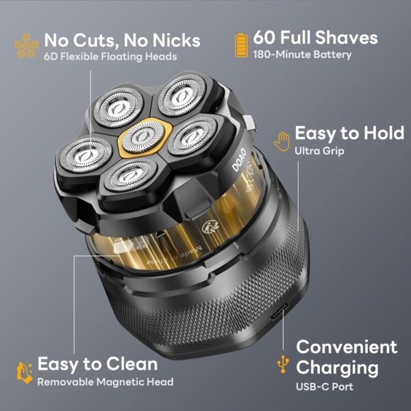 Head Shaver for Bald Men，DOAO Waterproof Wet Dry Bald Head Shavers, 6D LED Display Electric Rechargeable Head Shaving Kit with Type-C Charge