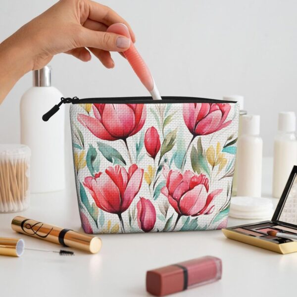 Linen Makeup Bag For Women, Waterproof Travel Cosmetic Organizer Lightweight Zipper Travel Toiletry Bag Organizer Watercolor Tulip Makeup Brushes Storage Bag