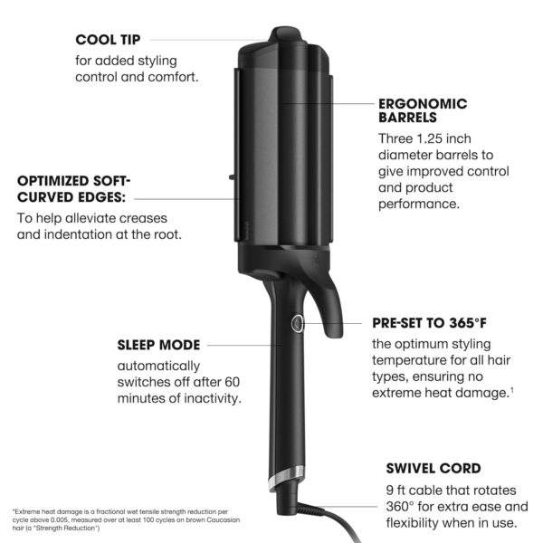 GHD Wave Triple Barrel Hair Waver, Black, Professional Ceramic Styling Tool for Beach Waves, 1.3 Inch Barrels, 365°F Temperature Control