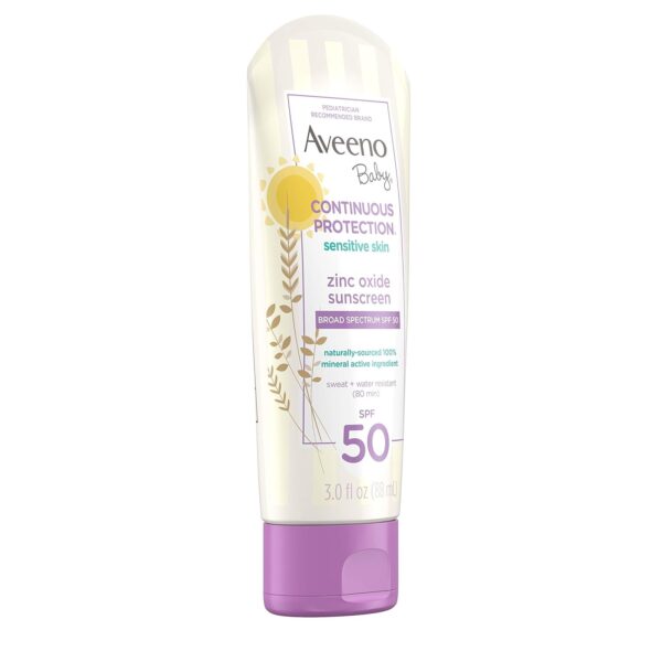 Aveeno Baby Continuous Protection Zinc Oxide Mineral Sunscreen Lotion for Sensitive Skin, Broad Spectrum SPF 50, Tear-Free, Sweat- & Water-Resistant, Paraben-Free, Travel-Size, 3 fl. oz