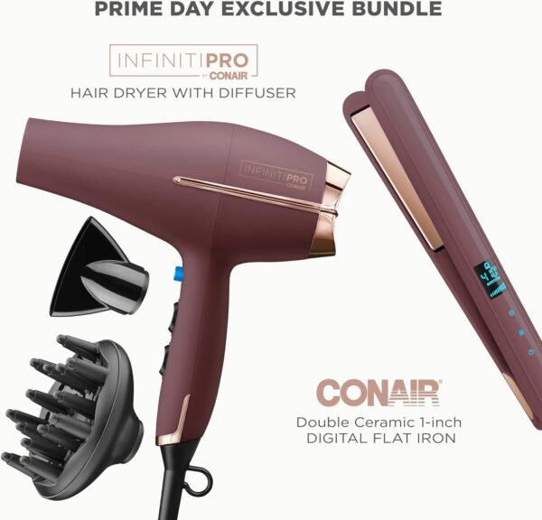 Conair Limited Edition Bundle | INFINITIPRO by CONAIR Hair Dryer with Diffuser - and - Conair Double Ceramic 1-inch Digital Flat Iron | Plum | Amazon Exclusive