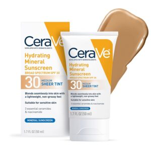 71Wd8Hpbk4L._SL1500_.jpg CeraVe Hydrating Mineral Sunscreen SPF 30 with Sheer Tint, Tinted Mineral Sunscreen with Zinc Oxide & Titanium Dioxide, Blends Seamlessly For Healthy Glow, Medium, 1.7 Fluid Ounce