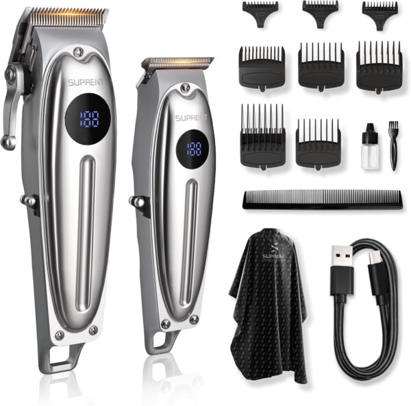 SUPRENT Professional Rechargeable Hair Clipper-Hair Clippers for Men, Cordless Hair Cutting Kit with LED Display (Silver)