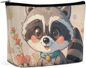 Cartoon Cute Raccoon Makeup Bag for Women Portable Travel Toiletry Pouch, PU Leather Cosmetic Bag with Zipper
