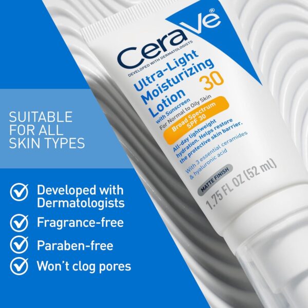 CeraVe Ultra-Light Moisturizing Lotion With SPF 30, Daily Face Moisturizer with SPF, Formulated with Hyaluronic Acid & Ceramides, Broad Spectrum SPF, Oil Free, Matte Finish, 1.7 Ounce
