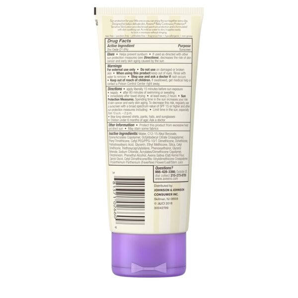 Aveeno Baby Continuous Protection Zinc Oxide Mineral Sunscreen Lotion for Sensitive Skin, Broad Spectrum SPF 50, Tear-Free, Sweat- & Water-Resistant, Paraben-Free, Non-Greasy, 7 fl. oz