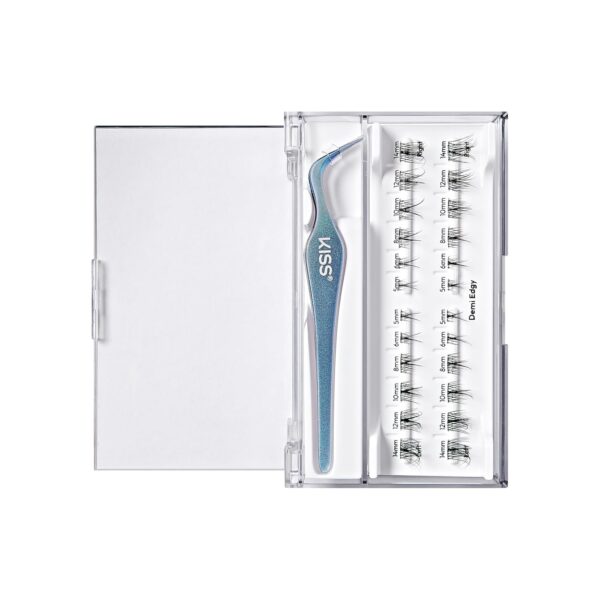 KISS imPRESS Falsies Long Lasting Self Adhesive Eyelashes, ‘Demi Edgy’, 5 Day Extended Wear, 24 Natural Volume Lash Clusters (5,6,8,10,12, & 14mm), Precision Non-Stick Applicator