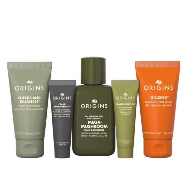 Origins Best Sellers Set for Women - 5 Pc 1oz Checks Face Wash, 3.8oz Lotion, 0.5oz Clear Charcoal Face Mask,1.62oz Serum, 1.69oz Moisturizer