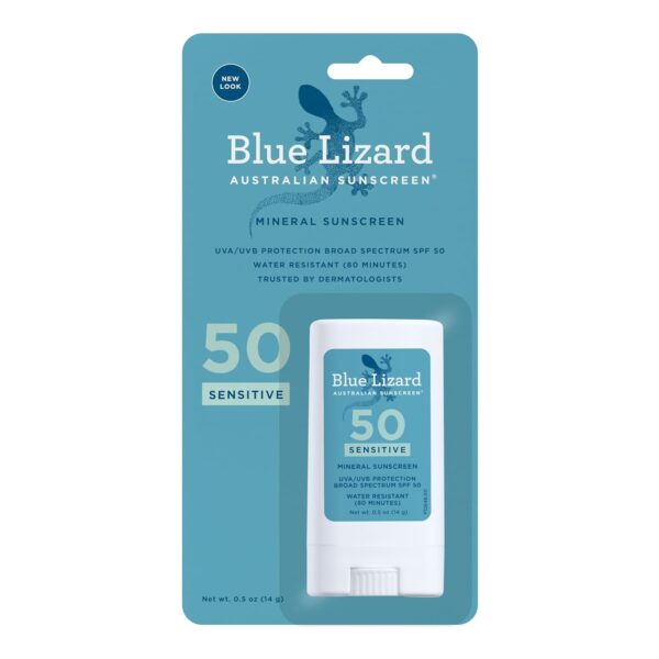 BLUE LIZARD Sensitive Mineral Sunscreen Stick with Zinc Oxide, SPF 50+, Water Resistant, UVA UVB Protection Easy to Apply, Fragrance Free, 0.5 Oz