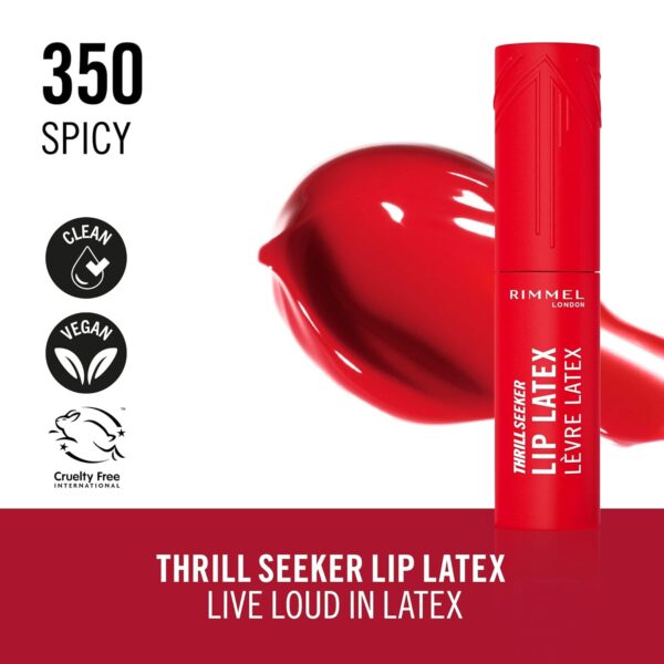 Rimmel Thrill Seeker Lip Latex, 350 Spicy, Liquid Lipstick, Lipgloss, Lip Colour, Hyaluronic Lipstick, Lip Stain, Smooth Shine, Hydration, Hyaluronic Acid, Vitamin E, Aloe Vera, 0.2oz