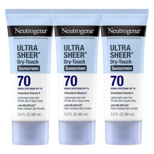 Neutrogena Ultra Sheer Dry-Touch Sunscreen For Face & Body, SPF 70 Broad Spectrum UVA/UVB Protection, Lightweight Water Resistant & Non-Greasy, Travel Size Sunscreen, 3 fl. oz (Pack of 3)