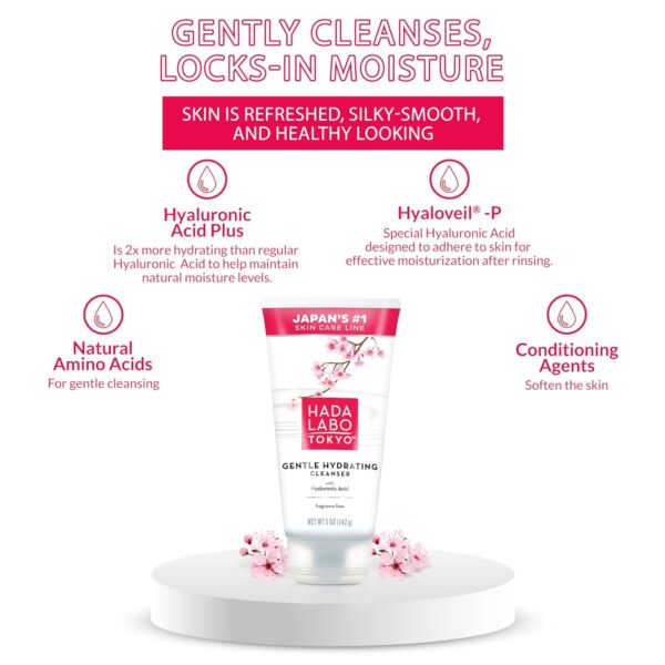 Hada Labo Tokyo Gentle Hydrating Foaming Facial Cleanser, Fragrance-Free Sensitive Skin Face Wash with Hyaluronic Acid and Conditioning Agents Soften Skin, Locks In Moisture, 5.0 Oz