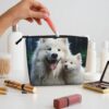 Linen Makeup Bag For Women, Waterproof Travel Cosmetic Organizer Lightweight Zipper Travel Toiletry Bag Organizer White Dog Makeup Brushes Storage Bag