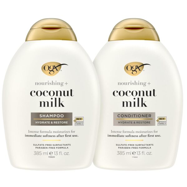 OGX Nourishing + Coconut Milk Shampoo & Conditioner Set, Hydrating & Restoring, Moisturizes for Soft Hair After the First Use, Sulfate-Free Surfactants, 2 Items, 2 x 13 fl. Oz