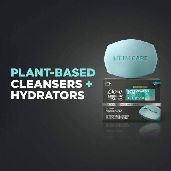 DOVE MEN + CARE Bar 3 in 1 Cleanser for Body, Face, and Shaving Blue Eucalyptus 8 Bars For Fresh, Healthy-Feeling Skin Body and Facial Cleanser More Moisturizing Than Bar Soap 3.75 oz