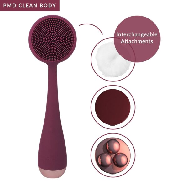 PMD Clean Body - Smart Body Cleansing Device with Silicone Brush & Three Interchangeable Attachments - Waterproof - SonicGlow Vibration - Cleanse, Exfoliate, & Massage Body