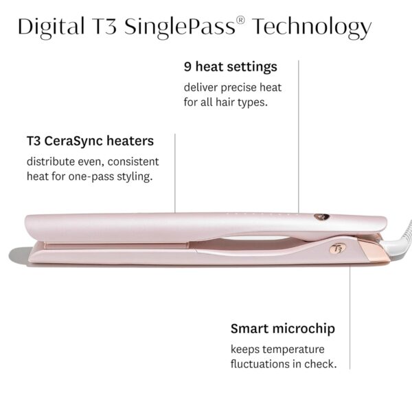 T3 SinglePass Smooth X Professional Flat Iron with Extra-Long Ceramic Plates for Faster Styling, 9 Heat Settings for All Hair Types, For Straightening, Curling, and Waving