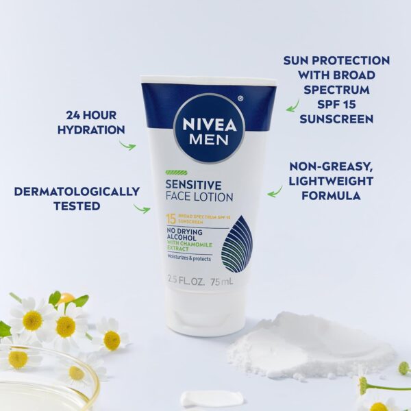 NIVEA MEN Sensitive Face Lotion with SPF 15, Broad Spectrum Sunscreen, 3 Pack of 2.5 Fl Oz Tubes