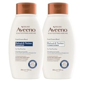 Aveeno Fresh Greens Shampoo and Conditioner Set, Sulfate Free, Clarifying & Volumizing for Thin or Fine Hair, Rosemary Peppermint Cucumber Nourish & Thicken, Color Safe Paraben Free, 12 Fl Oz, 2 Count