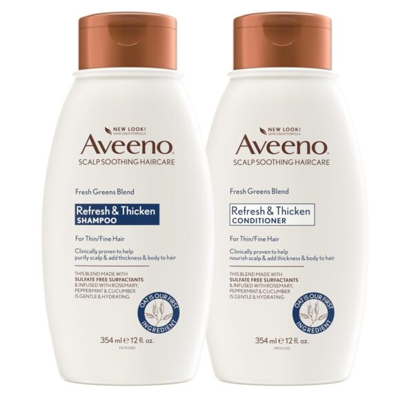 Aveeno Fresh Greens Shampoo and Conditioner Set, Sulfate Free, Clarifying & Volumizing for Thin or Fine Hair, Rosemary Peppermint Cucumber Nourish & Thicken, Color Safe Paraben Free, 12 Fl Oz, 2 Count