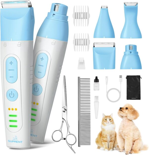 SUPRENT Dog Grooming Kit, 4 in 1 Quiet Pet Clippers for Grooming Supplies, Cordless Cat Paw Trimmer Dog Nail Grinder, Professional Long Hair Shaver Set for Cat Matted Hair and Small Dogs Blue