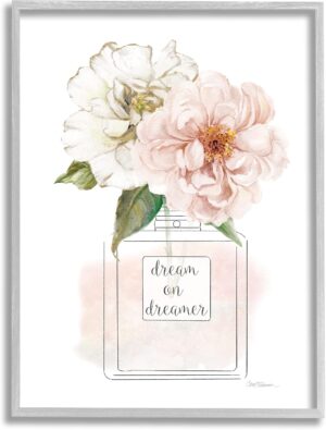 Stupell Industries Dream on Dreamer Phrase Pink Florals Perfume Bottle, Designed by Carol Robinson Gray Framed Wall Art, 11 x 14