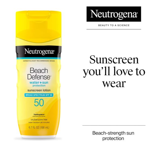 Neutrogena Sunscreen Lotion Beach Defense SPF 50, 6.7 fl oz, Face and Body Sunscreen, Oil Free, Fast Absorbing, Oxybenzone Free Sun Care