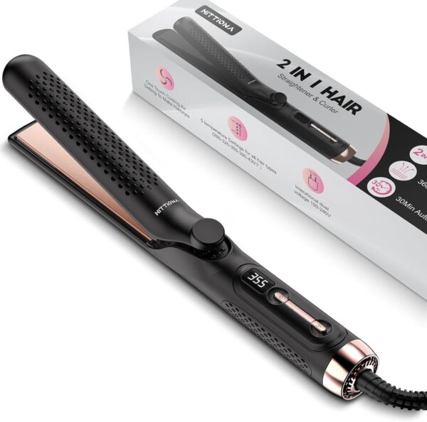 360° Airflow Styler Curling Iron, 2 in 1 Hair Straightener and Curler with Vented Cool Air to Lock in Style, 1.25 Inch Extra Long Flat Iron Curling Iron in One, Dual Voltage for Travel, LCD Display