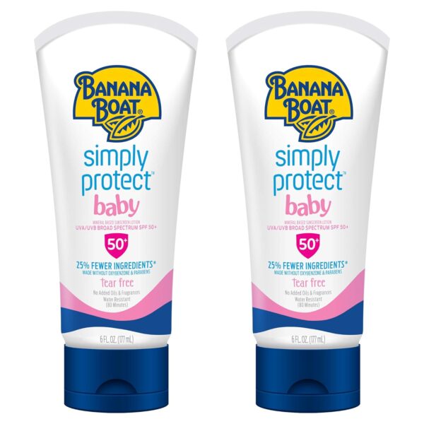 Banana Boat 100% Mineral Baby Sunscreen Lotion SPF 50 Twin Pack | SPF 50 Sunscreen for Babies, Baby Sunblock Lotion, Oxybenzone-Free, 6oz each