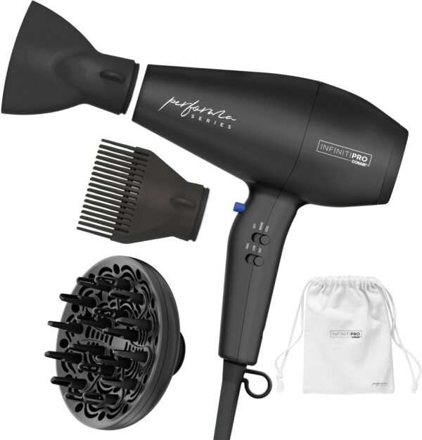 Conair Infiniti Pro Hair Dryer with Diffuser Plus 2 Other Attachments and Drawstring Storage Bag | Performa Series Hair Dryer | Blow Dryer with Professional Performance Motor | Black