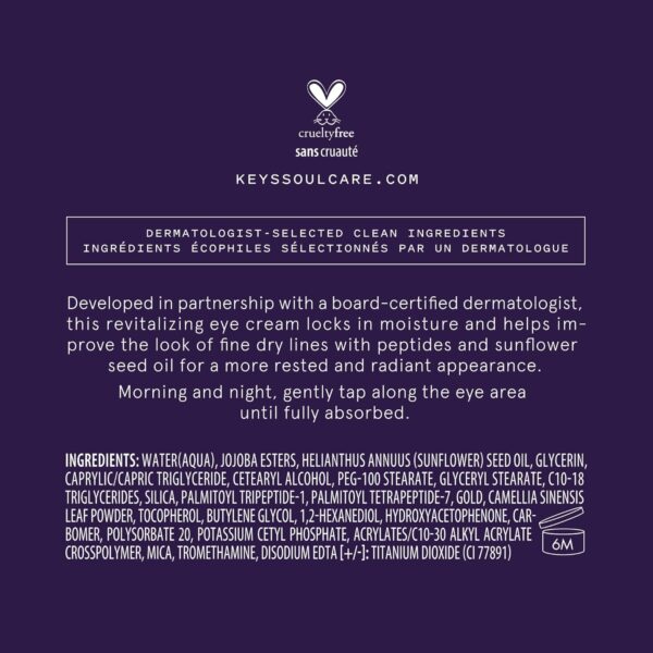Keys Soulcare Radiant Eye Cream, Hydrates & Smooths Skin, Helps Visibly Improve Fine Lines & Wrinkles with Peptides, Vegan, Cruelty-Free, 0.53 Fl Oz