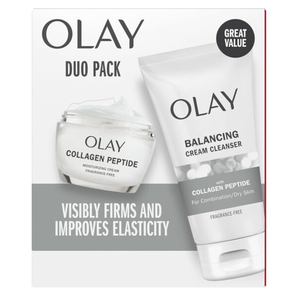 Olay Collagen Peptide Duo Pack, Balancing Cream Face Wash, Fragrance-Free, 5.0 fl oz, Moisturizing Cream Moisturizer, Fragrance-Free, 1.7 oz