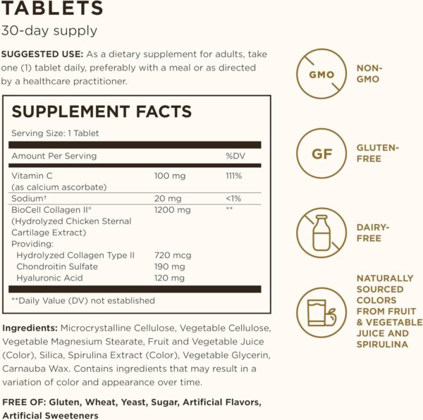 Solgar Collagen Hyaluronic Acid Complex, 30 Tablets - Hydrolyzed Collagen Type 2 - Helps with Fine Lines & Wrinkles - Boosts Skin Collagen & Elasticity - Non-GMO, Gluten & Dairy Free - 30 Servings