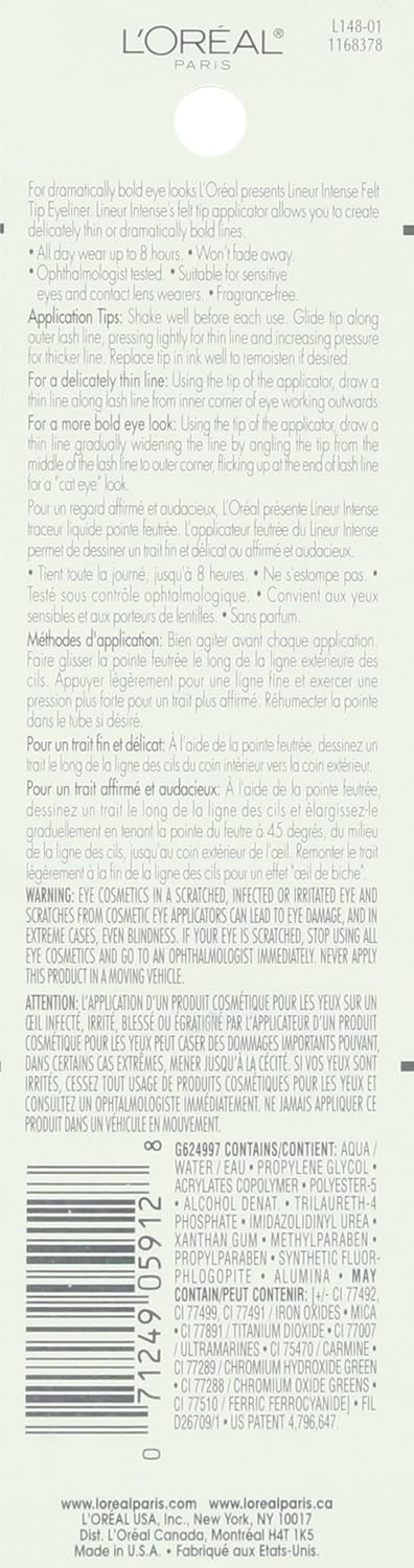 L'Oreal Paris Makeup Lineur Intense Felt Tip Liquid Eyeliner, liquid eyeliner, felt tip applicator, precise bold lines, intense color, ophthalmologist-tested, fragrance-free, Black Mica, 0.05 fl; oz.