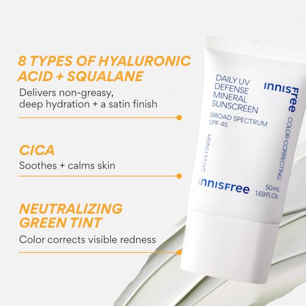 innisfree Daily Mineral UV Defense SPF 45 Face Sunscreen with Green Tint, Hyaluronic Acid, Korean Skincare, Color Correcting Formula