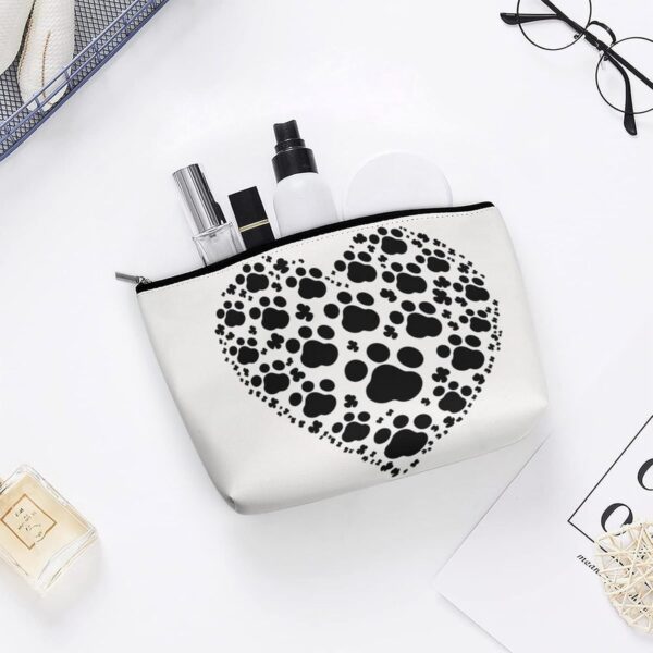 Dog Paw Print Love Heart Makeup Bag for Women Portable Travel Toiletry Pouch, PU Leather Cosmetic Bag with Zipper