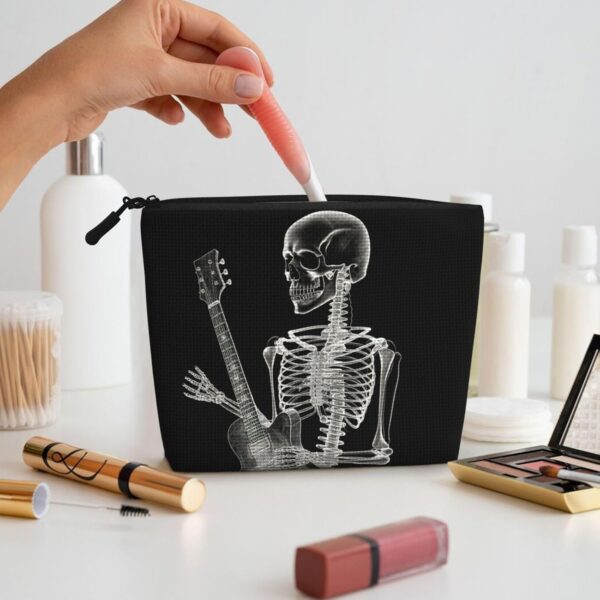 Linen Makeup Bag For Women, Waterproof Travel Cosmetic Organizer Lightweight Zipper Travel Toiletry Bag Organizer Abstract X-Ray Skull Skeleton Playing Guitar Makeup Brushes Storage Bag