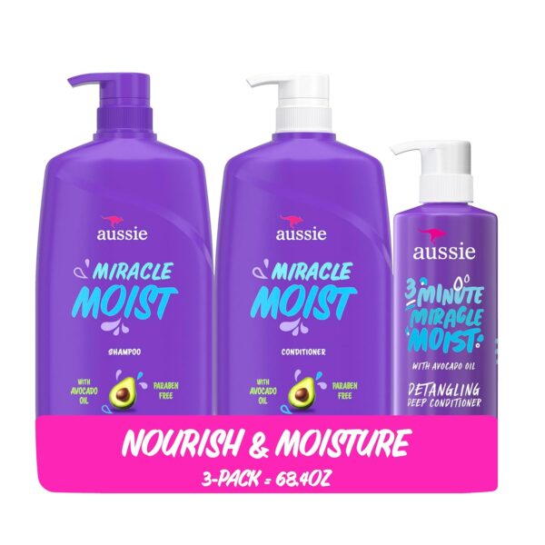 Aussie Miracle Moist Shampoo and Conditioner with 3 Minute Miracle Deep Conditioner, Avocado & Jojoba Oil, Paraben-Free, Moisturizes & Detangles, All Hair Types, Citrus Floral Scent, 3 Pack 68.4 Fl Oz