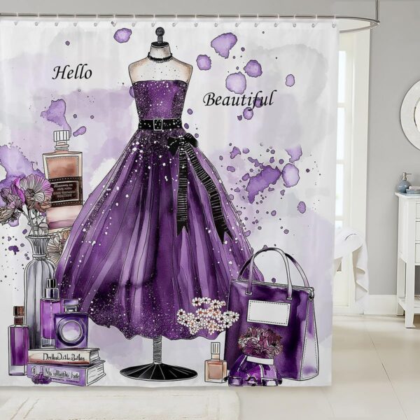 Purple Fashion Shower Curtain Purple Tie-Dye Decor Bath Curtain Modern Fashion Purple Dress Bathroom Decor Romantic Makeup Themed Waterproof Curtain Floral Perfume Print Curtain,72" W x 78" L
