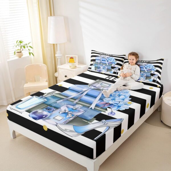 Erosebridal Black and Blue Bed Sheets Queen Size Fashion Black White Girly Fitted Sheet for Girl Women Modern Flower Floral Perfume Striped Bed Set High Heels Magazine Books Sheets