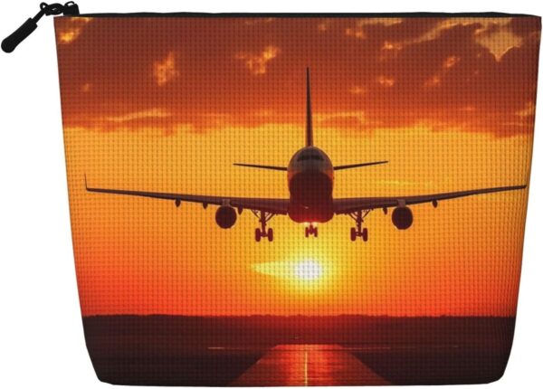 Linen Makeup Bag For Women, Waterproof Travel Cosmetic Organizer Lightweight Zipper Travel Toiletry Bag Organizer Airplane Sunset Makeup Brushes Storage Bag