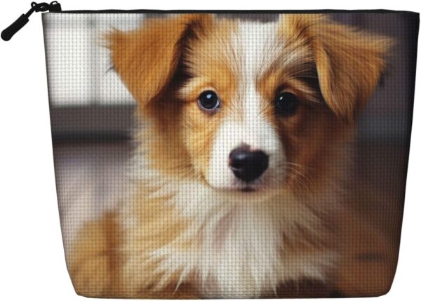 Linen Makeup Bag For Women, Waterproof Travel Cosmetic Organizer Lightweight Zipper Travel Toiletry Bag Organizer Cute Puppy Dog Makeup Brushes Storage Bag