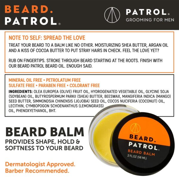Beard Patrol Beard Balm for Men - Grooming Treatment with Argan Oil, Shea Butter, & Cocoa Butter Strengthens & Softens Beards & Mustaches - Lemongrass Scent Leave-in Conditioner Wax