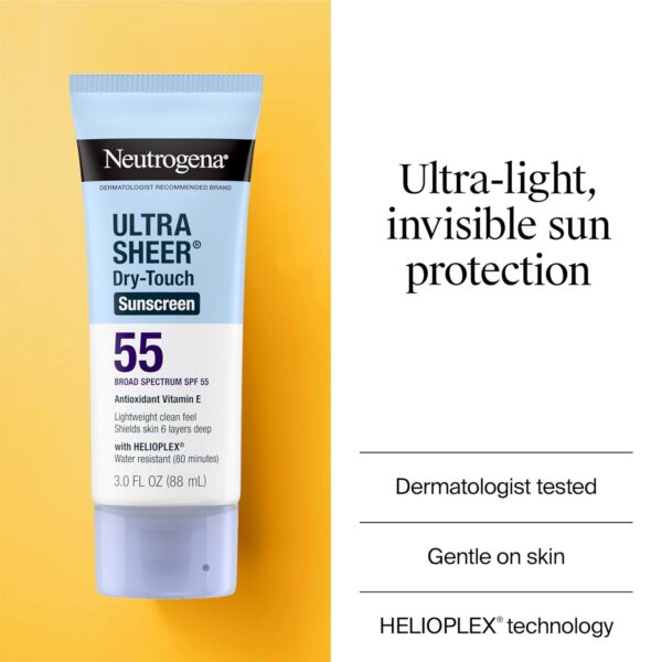 Neutrogena Ultra Sheer Dry-Touch Sunscreen For Face & Body, SPF 55 Broad Spectrum UVA/UVB Protection, Lightweight Water Resistant & Non-Greasy, Travel Size Sunscreen, 3 fl. oz