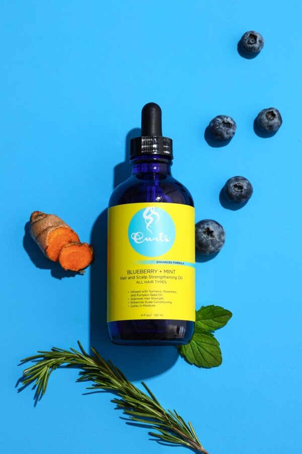 Curls Blueberry Bliss Blueberry & Mint Hair and Scalp Strengthening Oil - 4 oz, Root-Penetrating Hair Oil with Turmeric, Rosemary & Pumpkin Seed Oil, Hair and Scalp Treatment Oil, All Hair Types