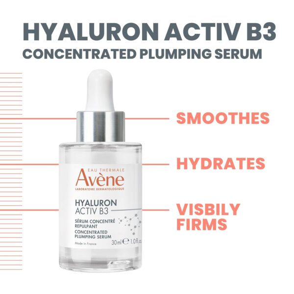 Avène Hyaluron ACTIV B3 Concentrated Plumping Serum, Light-weight hydrating serum, powered by Niacinamide + Pure Hyaluronic Acid, Firms & Plumps the skin for a healthy complexion 1 oz