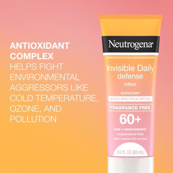 Neutrogena Invisible Daily Defense Fragrance-Free Sunscreen Lotion, Broad Spectrum SPF 60+, Oxybenzone-Free & Water-Resistant, Sun & Environmental Aggressor Protection, 3.0 fl. oz