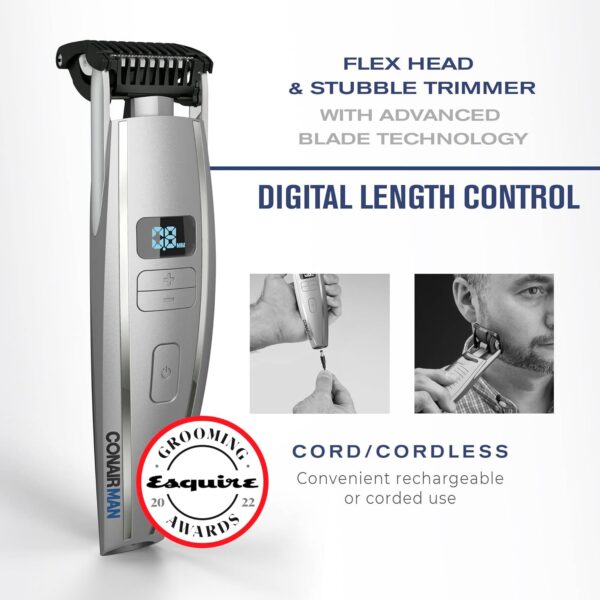 ConairMAN Beard Trimmer for Men, for Face and Mustache, Wet/Dry Beard and Stubble Trimmer, Flex Contouring Head with 15 Precise Settings and Premium