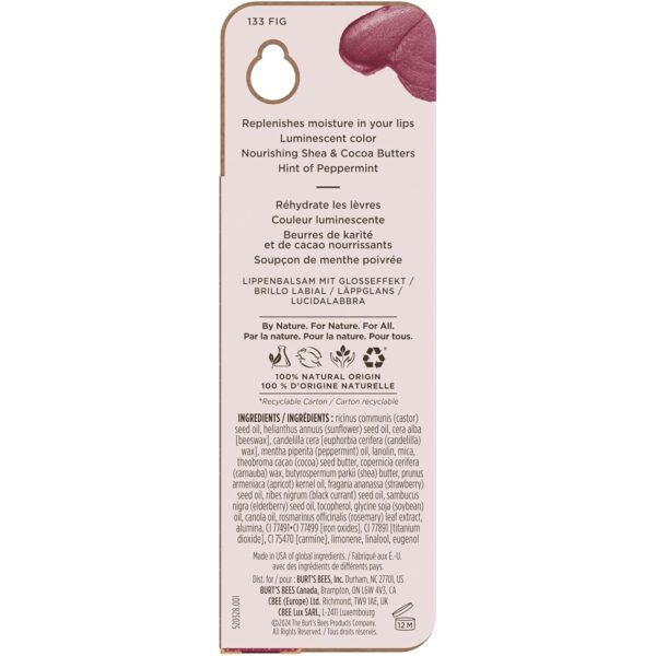 Burt's Bees Shimmer Lip Tint, Tinted Lip Balm Stick, Moisturizing for All Day Hydration with Natural Glowy Pigmented Finish & Buildable Color, Fig, 1 Tube, 0.09 oz. (Pack of 2)